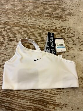 Nike White One-Shoulder Sports Bra with Black Swoosh